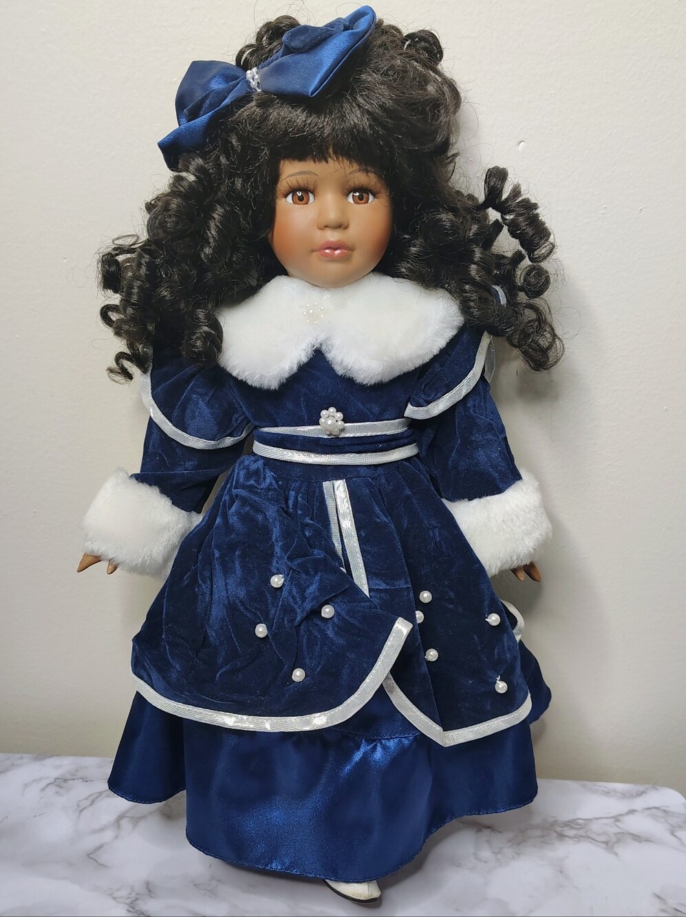 Vintage Cuddle Wit 16" Porcelain Doll Blue Velvet Dress Black Curly Hair